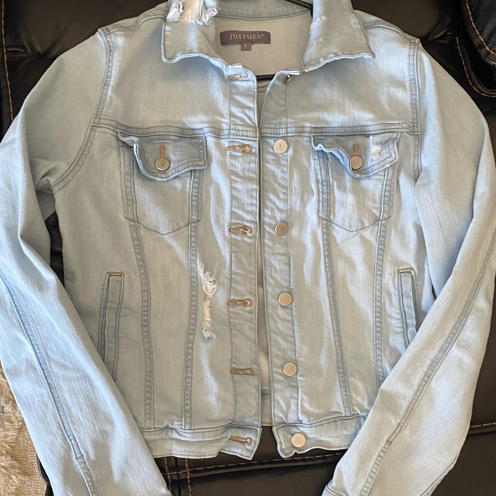 Just USA light wash, distressed, jean jacket- Great Stretch - Large